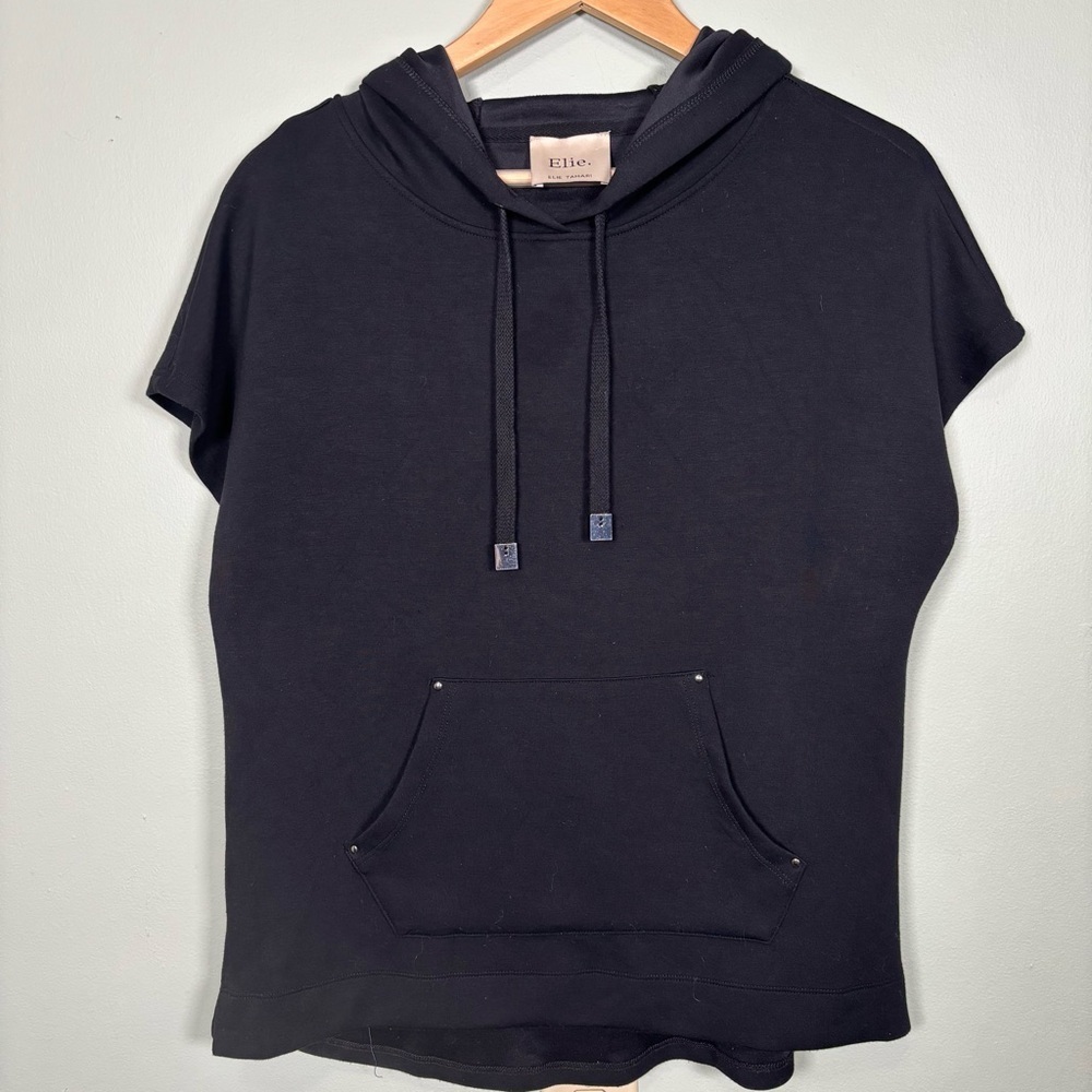 Elie Tahari Short Sleeve Hoodie Modal Knit Sweatshirt-Black-Women Size Small